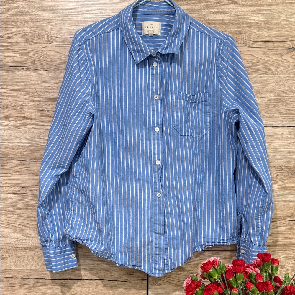 Sezane Blue Striped Button Down Shirt